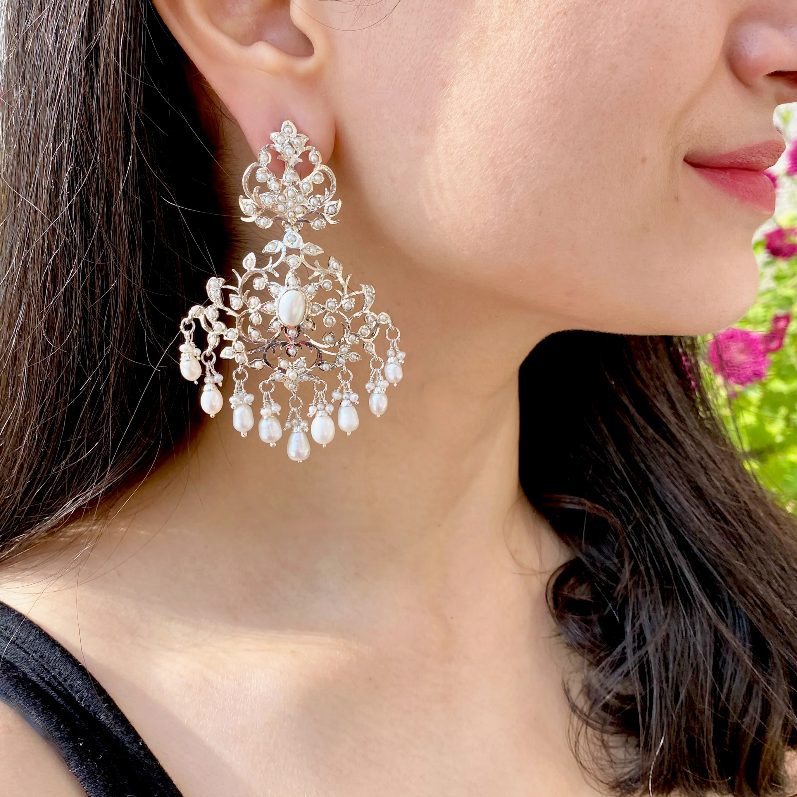 Pure Silver Indian Jewellery online | Pearl Drop Edwardian Earrings SER 165 - Image 7